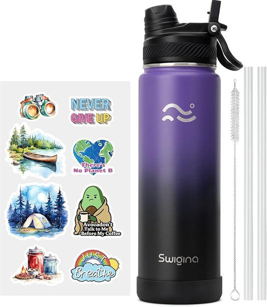 [2-IN-1 LID] Insulated Water Bottle with Silicone Boot (36hrs Cold/18hrs Hot) - DIY Stickers, Leakproof, BPA Free, 24 oz