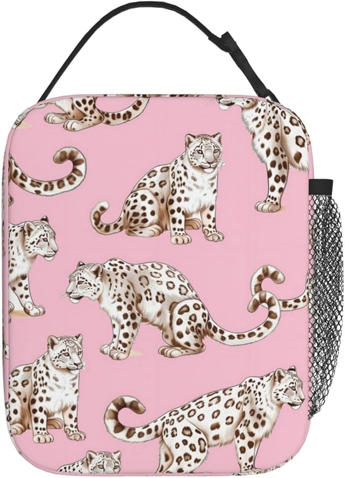 Reusable Snow Leopard Lunch Box for Kids Girls Boys Women Adult, Insulated Cute Pink Lunch Bag,Polyester Cooler Handbags Case for School Picnic Work Travel Beach or Hiking