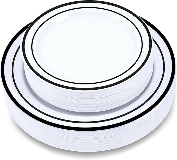 60 Pieces White Plastic Disposable Plates - Premium Heavy-Duty 30 Dinner Plates & 30 Salad Plates with Black Rim Ideal for Party, Birthday and Special Events