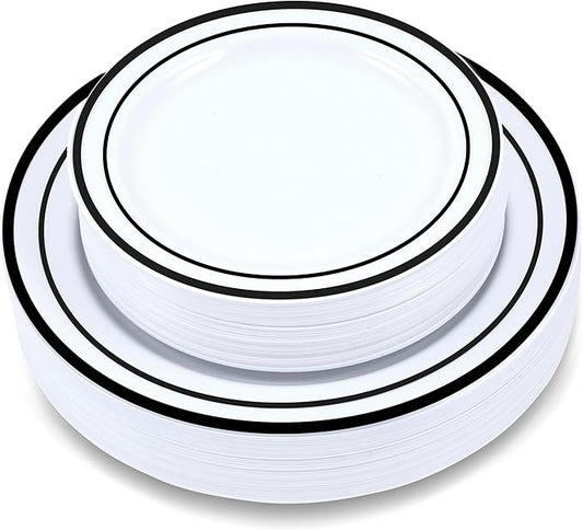 60 Pieces White Plastic Disposable Plates - Premium Heavy-Duty 30 Dinner Plates & 30 Salad Plates with Black Rim Ideal for Party, Birthday and Special Events