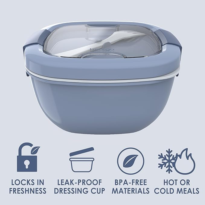 Bentgo Salad Container - 54 oz Bowl with 4-Compartment Toppings Tray, Leak-Proof Dressing Container, Reusable Fork, BPA-Free Lunch Box for Meal Prep & Food Storage; Removable Bento Tray (Slate)