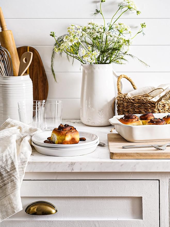 LE TAUCI 16-Piece Ceramic Dinnerware Set with Pasta Bowls (30 oz), Service for 4 – White Farmhouse Plates & Dishes (10" Dinner, 8" Salad, 6" Bowls, 8.5" Pasta) for Housewarming, Wedding Registry Gift