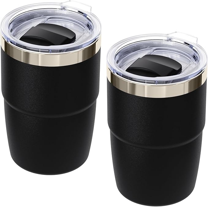 8 oz Espresso/Coffee Cup with Magnetic Lid, Ceramic-Lined 18/8 Stainless Steel, Double-Wall Vacuum Insulated, Stackable, Dishwasher Safe, Mini Tumbler for On-the-Go (Black, 2 Pack)