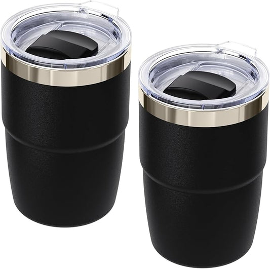 8 oz Espresso/Coffee Cup with Magnetic Lid, Ceramic-Lined 18/8 Stainless Steel, Double-Wall Vacuum Insulated, Stackable, Dishwasher Safe, Mini Tumbler for On-the-Go (Black, 2 Pack)