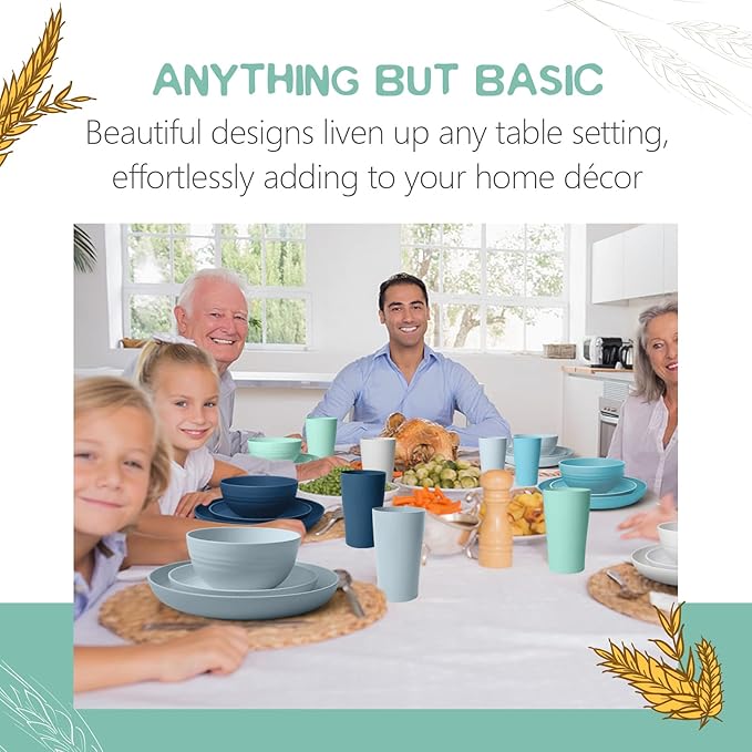 Teivio 32-Piece with Flatware Kitchen Plastic Wheat Straw Dinnerware Set, Service for 8, Dinner Plates, Dessert Plate, Cereal Bowls, Cups, Unbreakable Plastic Outdoor Camping Dishes, Ocean