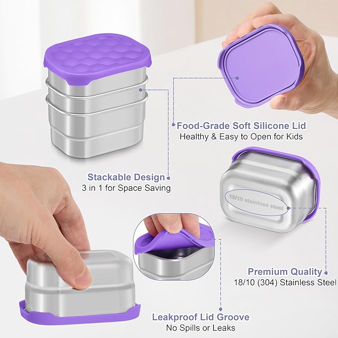 TeamFar 3 PCS Stainless Steel Snack Containers for Kids, 8oz /230ml Food Container with Easy Open Leakproof Silicone Lid, Metal Small Toddler Lunch Box for Daycare School, Healthy & Portable, Purple
