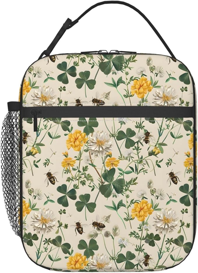 Cheerful Blossoms and Bees Lunch Box for Women Men, Insulated Lunch Box, Reusable Lunch Bag for Office, Work, Picnic, Travel