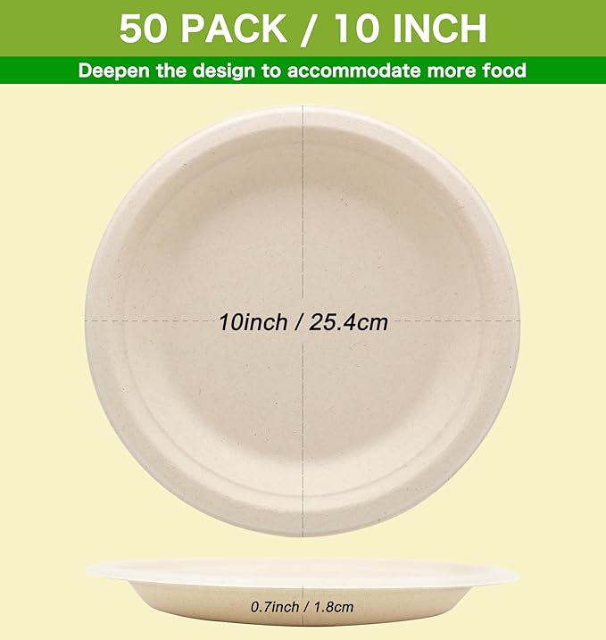 BLUE TOP 100% Compostable Disposable Paper Plates Heavy Duty Waterproof Plates-50 Pack 10 inch Eco-Friendly Plates, Natural Biodegradable Sugarca Bagasse Dinner Plates Unbleached Brown
