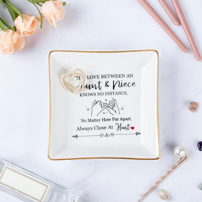 Aunt Gifts from Niece - The Love Between An Aunt Niece Knows No Distance Ring Trinket Dish Jewelry Tray, Aunt Birthday Gift Aunt and Niece Gifts for Aunts Mothers Day Christmas Valentines