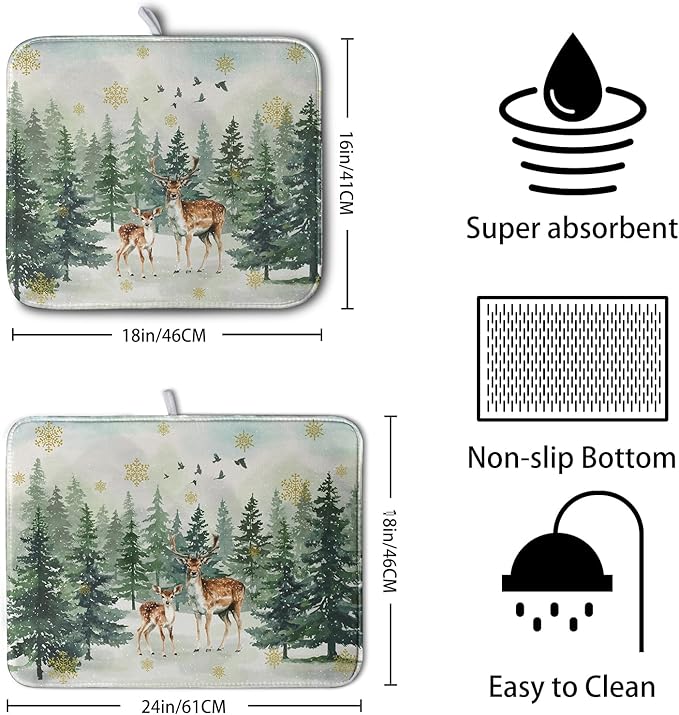 Reindeer Tree Snowflakes Christmas Dish Drying Mats for Kitchen Counter 16x18 Inch Winter Forest Dish Drainer Mats Absorbent Reversible Dish Draining Microfiber Dishes Drying Pad