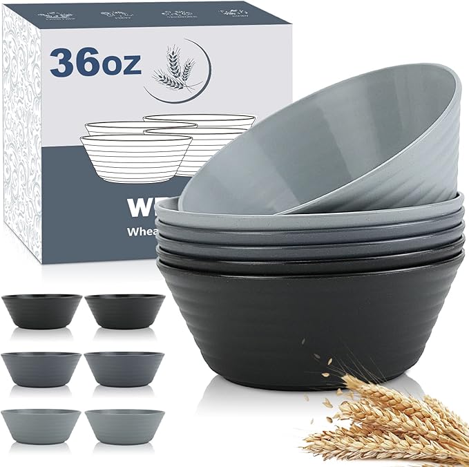 Wrova Wheat Straw Bowl Sets,6 PCS Unbreakable Cereal Bowl 36 OZ,Microwave and Dishwasher Safe Bowls,Salad Bowls for Camping,Rv,Apartment,Dorm,Party (Black Grey)