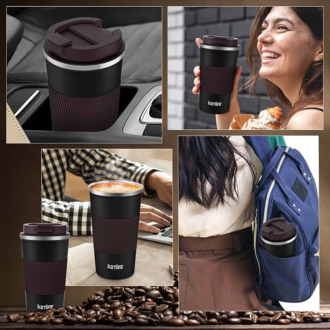 KETIEE Travel Mug, 12oz Insulated Coffee Cup with Leakproof Lid, Vacuum Stainless Steel Double-Wall Travel Coffee Mug Spill Proof, Reusable Tumbler for Men and Women for Hot & Cold Drinks