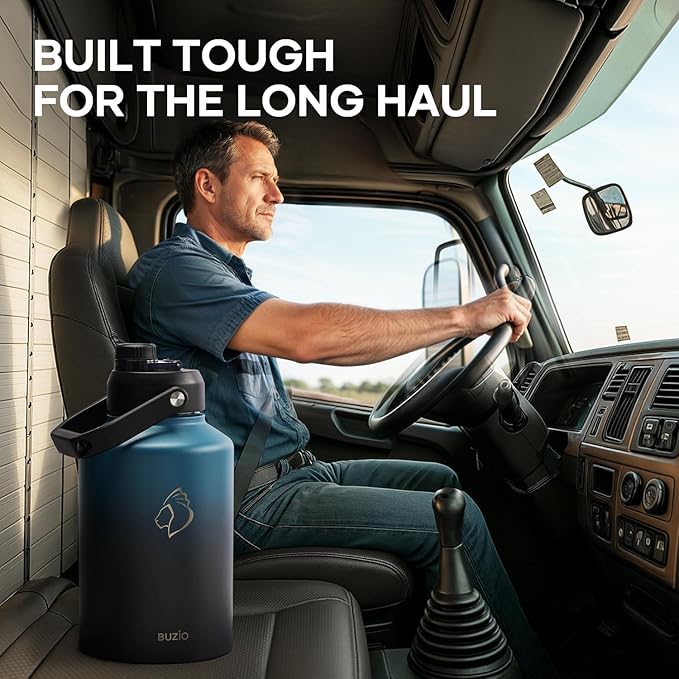 BUZIO 1 Gallon Water Bottle Insulated, (Cold for 48 Hrs) 128oz Large Stainless Steel Water Jug, 3.58in Big Wide Mouth Leak Proof Metal Flask with Carrying Sleeve for Camping,Gym, Hiking, Indigo Crush