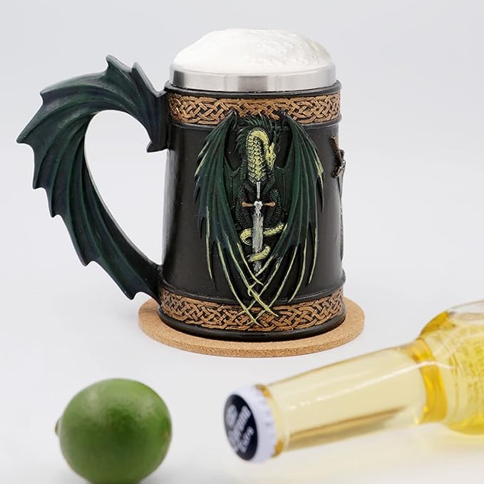18oz Gift Green Dragon with Sword Beer Mug Stainless Steel Coffee Mug Norse Gothic Decor Viking Festival Gift GOT Dragon Decor