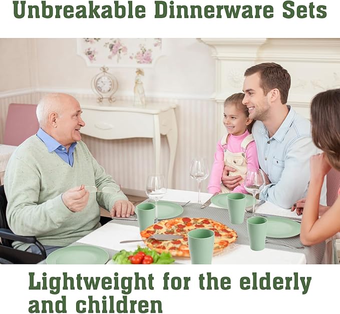 Camping Plates Cups and Bowls Set Green Reusable Microwave Safe Lightweight Unbreakable Plastic Dishes Set for Kids Elderly Kitchen Adults Outdoor,32 Pcs Holiday Dinnerware Sets for 8