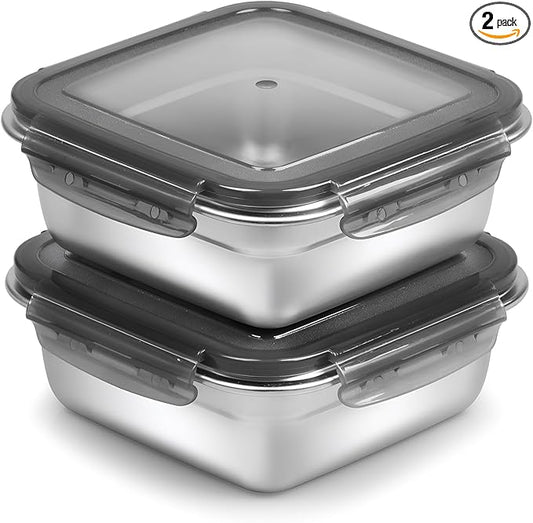 2 Pack Sandwich Containers, 24oz Stainless Steel Sandwich Box with Airtight Lids, Reusable Metal Meal Prep Lunch Boxes, BPA-Free, Dishwasher Safe, Food Storage Containers for Families (Black)