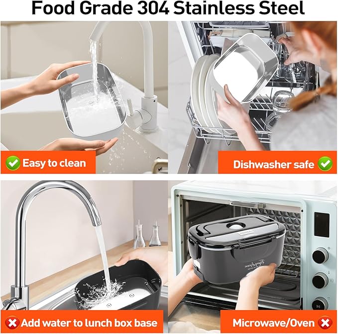 APSARAS USA Electric Lunch Box for Adults, 3 in1 Portable Leakproof Heated Lunch Box for Car/Truck/Men with 1.5L Removable 304SS Container, 60-80W, 12V/24V/110V With SS Fork Spoon&Carry Bag