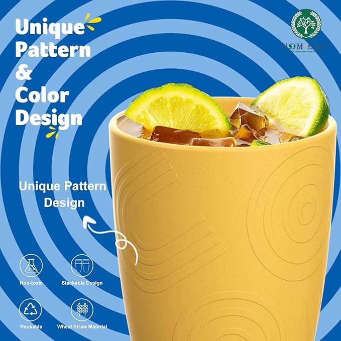 Homienly Wheat Straw Cups, Premium Alternative to Plastic Cup Set of 8, Unbreakable Lightweight Drinking Cups for Kitchen, Outdoor, RV, Microwave and Dishwasher Safe Drinking Glasses(12 OZ, Multi)