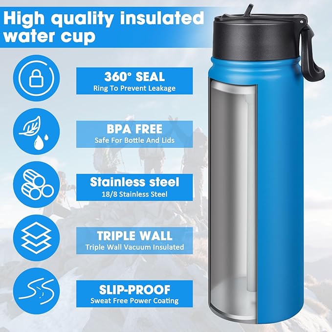 24 oz Insulated Water Bottle with Straw, Stainless Steel Double Wall Vacuum Thermos with Straw Lid Leak Proof, Wide Mouth Lid, Keep Cold and Hot