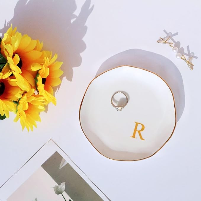 Ceramic Jewelry Tray Initial Ring Dish Personalized R-Monogrammed Engagement Wedding Gifts, for Birthday Mother's Day Christmas for Women, Ceramic White 4.75" (R)