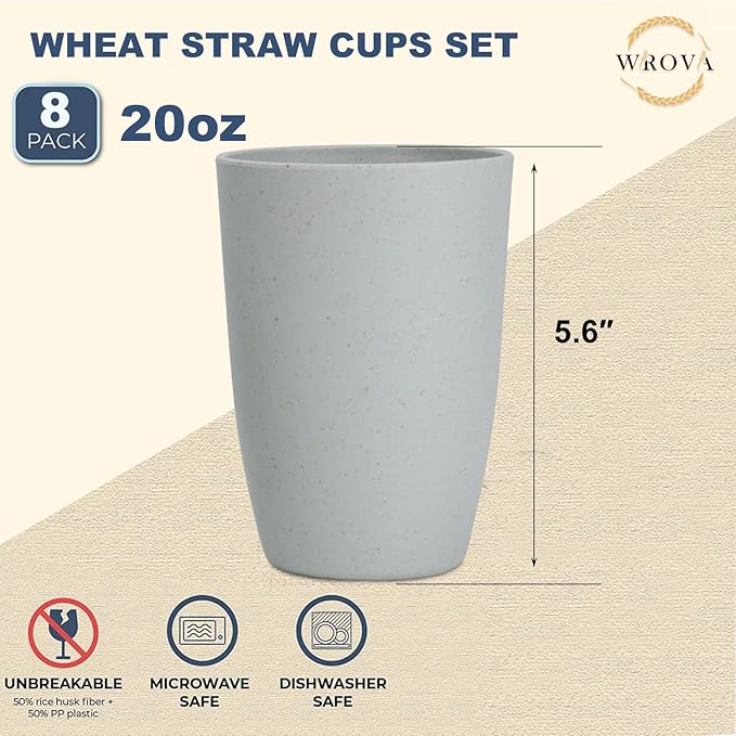 Wheat Straw Cups 8 PCS Good Alternative to Plastic Reusable Cups 20 oz Unbreakable Drinking Cup Reusable Dishwasher Safe Water Plastic Glasses Light Grey