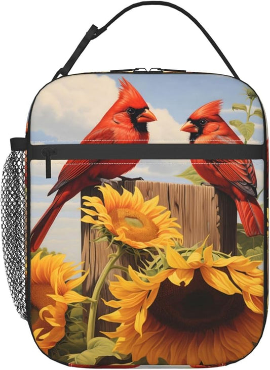 Reusable Red Cardinal Lunch Box for Kids, Insulated Sunflower Retro Bag,Polyester Cooler Bird Lovers Handbags Case for School Picnic Work Travel Beach or Hiking, Gifts