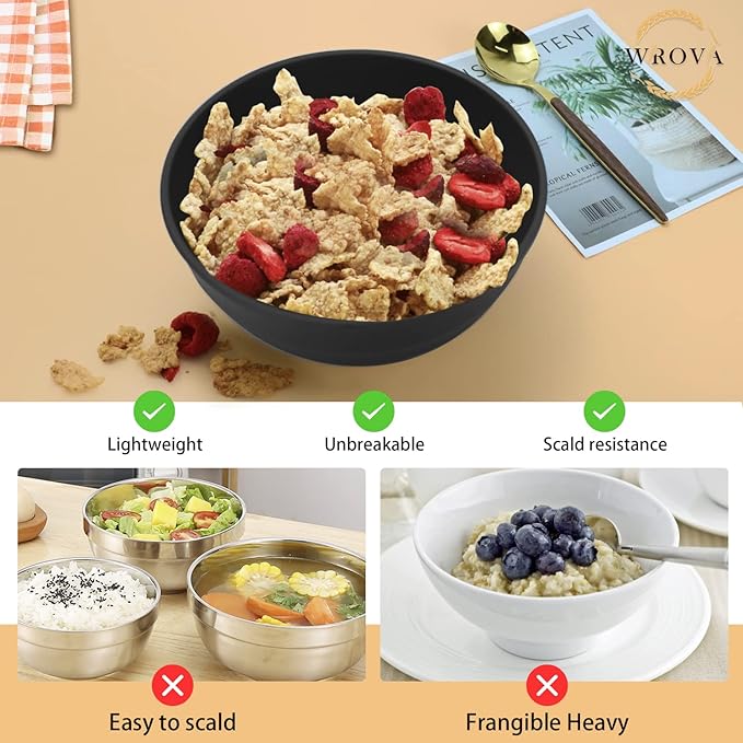 Wheat Straw Bowls Set 60 OZ Unbreakable Large Cereal Bowls Set of 6 Microwave and Dishwasher Safe Bowls Big Bowls for Camping and Picnic BPA Free Soup Bowl for Serving Oatmeal and Salad. Black