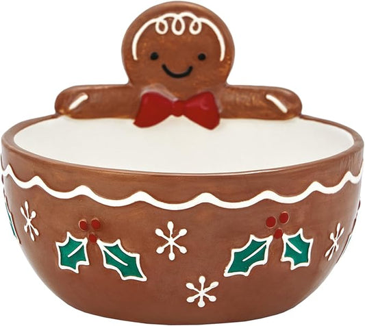 Bico Gingerbread Man Stoneware Hand Painted 17oz Candy Bowl, for treats, jam, sauce, snacks, Microwave and Dishwasher Safe