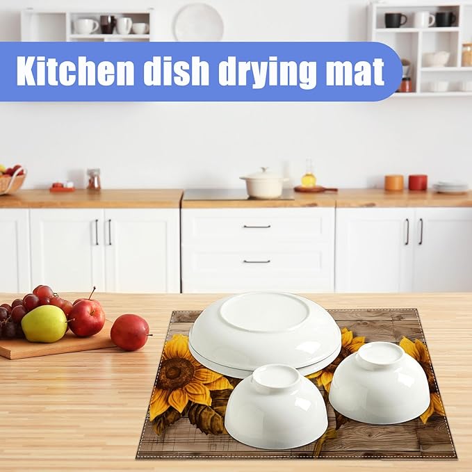 Vintage Sunflower Wooden Grain Dish Drying Mat for Kitchen Counter Drying Pad Absorbent Reversible Dish Drainer Rack Mats Draining Pad 18"x24"Inch