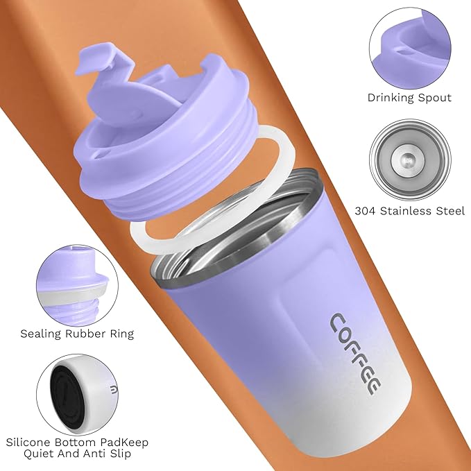 Travel coffee mugs leak-proof, reusable coffee cups with lids, stainless steel vacuum thermos coffee tumblers,thermal insulation cups for men and women hot & cold drinks (2nd-Purple White, 12OZ)