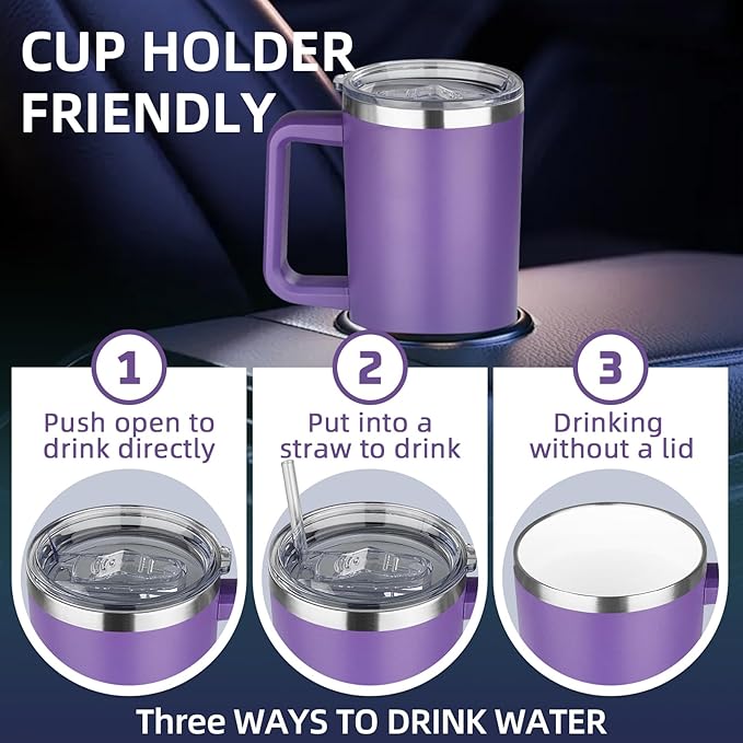 40 oz Insulated Coffee Mug with Ceramic Coating, Stainless Steel Travel Mug Tumbler with Handle Lid and Straw, Double Wall Leak-Proof Coffee Travel Mug Keeps Drink Hot and Cold (Purple)