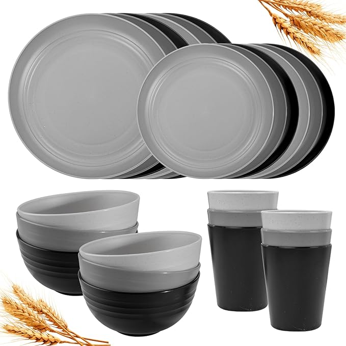 Rubtlamp 24Pcs Kitchen Plastic Wheat Straw Dinnerware Set,Dinnerware Sets for 6,Microwave Dishwasher Safe Plates, Unbreakable Reusable Plastic Wheat Straw Bowls & Plate for Camping