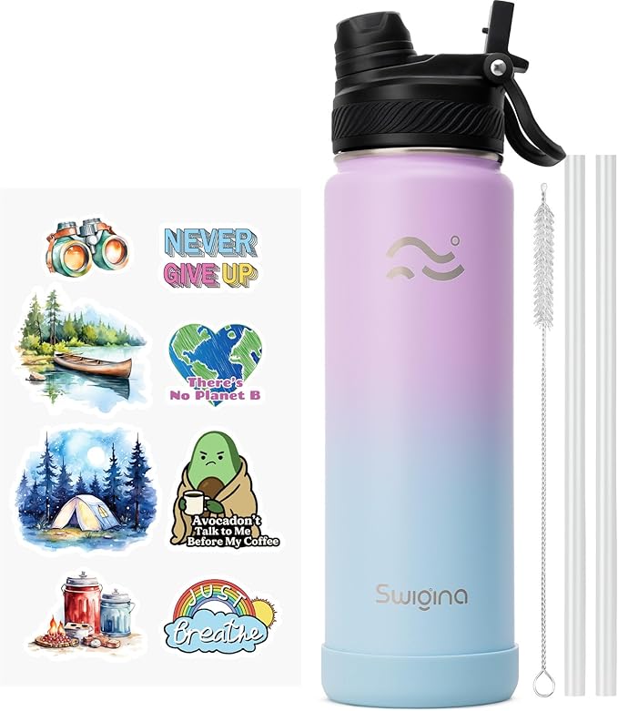 [2-IN-1 LID] Insulated Water Bottle with Silicone Boot (36hrs Cold/18hrs Hot) - DIY Stickers, Leakproof, BPA Free, 24 oz