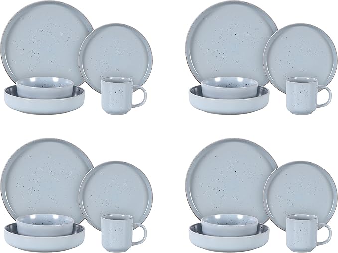 HomeVss, Nordic Shape Rising Rim Stoneware 20pc Dinnerware Set, Matte Light Blue with Speckled Finished Effect