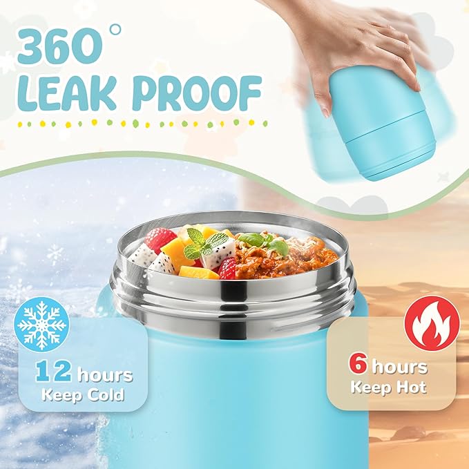 10oz Soup Thermo for Hot Food Kids Insulated Food Jar with Spoon Wide Mouth Stainless Steel Lunch Container Leak Proof Vacuum Food Box for School Travel Picnic Ice Blue