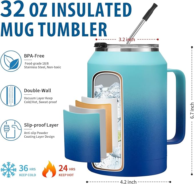 32/50 oz Travel Coffee Mug Tumbler - w/Handle and Straw, 32oz Stainless Steel Mugs with Lid, Insulated Tumblers Cup Keep Cold-36H Hot-24H, Reusable Home Office Work Wide Mouth Water Bottle