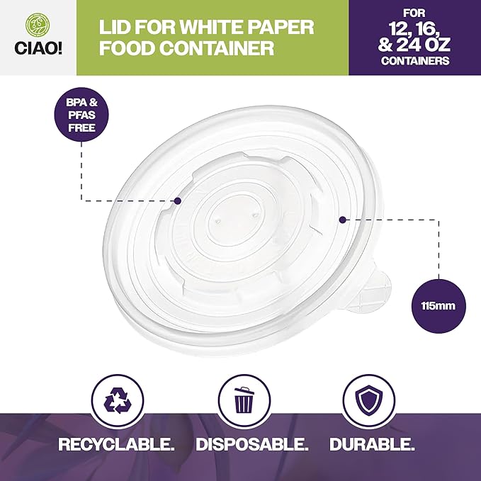 CIAO! 115mm Diameter PP Lid, Designed and Fit BRAND 12/16/24oz Paper Food Container (500/case)