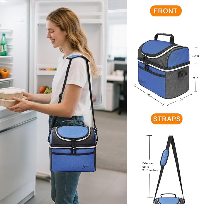 Tirrinia Reusable Lunch Box for Men Women, Insulated Lunch Bag Adult Work, Double Decker Leakproof Lunchbox for Office Picnic Beach—Dual Compartment Lunch Cooler Bag,Blue