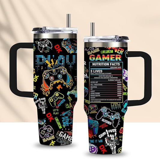 Gamer Gifts for Men Boys Tumbler with Handle and Straws 30oz Stainless Steel Gamer Insulated Travel Cups - Birthday Present for Men, Dad, Son, Husband - Gaming Gifts for Him Coffee Mugs