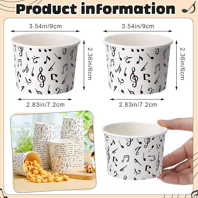 50 Pack Music Notes Ice Cream Cups 9 oz Musical Disposable Dessert Bowls Paper Soup Bowls Snack Cups for Hot or Cold Food for Music Birthday Baby Shower Party Decorations Wedding Anniversary