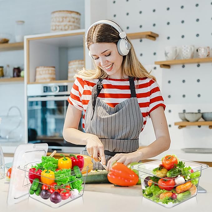 8 Set 1/6 Size Clear Polycarbonate Food Pans with Lids 4 Inch Deep Food Storage Containers Restaurant Hotel Pan with Lid Plastic Commercial Stackable Containers for Snack Fruits Vegetables Beans Corns