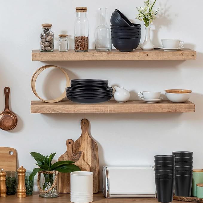 supernal 24pcs Wheat Straw Dinnerware,Unbreakable Dinner Plates Set,Microwave Dishwasher Safe,Black Reusable Plates for Picnic,Birthday,Camping