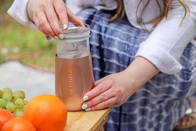 Vinglacé Stainless Steel Stemless Wine Glass- Insulated Wine Tumbler with Glass Insert and Sip Lid, 10 oz, Rose Gold