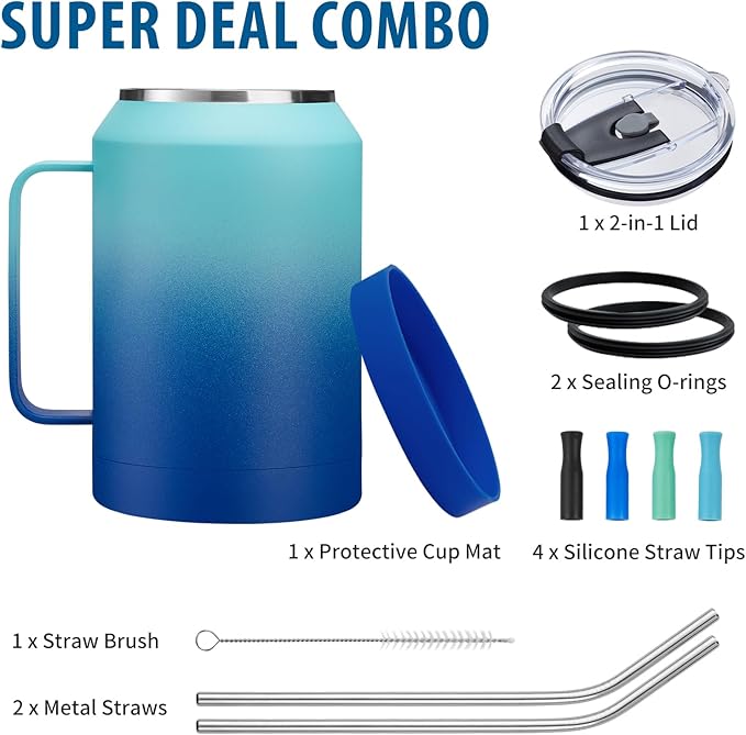 32/50 oz Travel Coffee Mug Tumbler - w/Handle and Straw, 32oz Stainless Steel Mugs with Lid, Insulated Tumblers Cup Keep Cold-36H Hot-24H, Reusable Home Office Work Wide Mouth Water Bottle