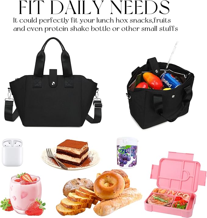 CAMTOP Lunch Box for Women Insulated Lunch Bag Lunchbox Cooler Thermal Leakproof Quilted Reusable Lunch Tote Bag for Work School Travel Picnic (Z-Black)