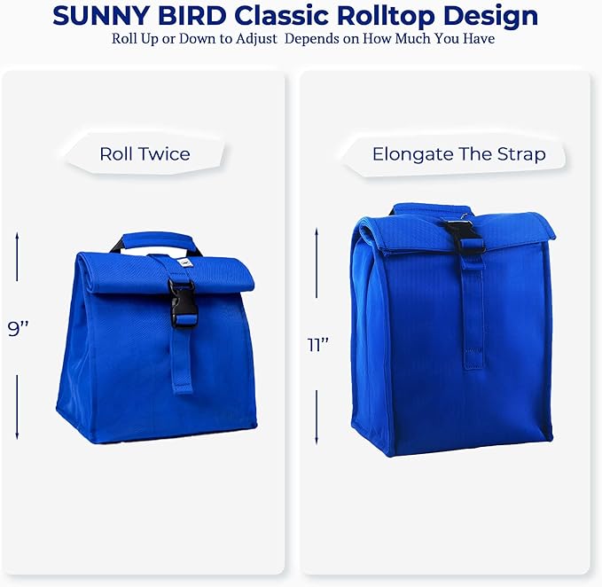SUNNY BIRD Insulated Lunch Bag Rolltop Lunch Box Tote Lunchbox Bag for Women, Men, Adults and Kids (Blue)