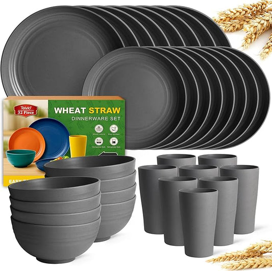 Teivio 32-Piece Kitchen Plastic Wheat Straw Dinnerware Set, Service for 8, Dinner Plates, Dessert Plate, Cereal Bowls, Cups, Unbreakable Colorful Plastic Outdoor Camping Dishes, Gray Matte