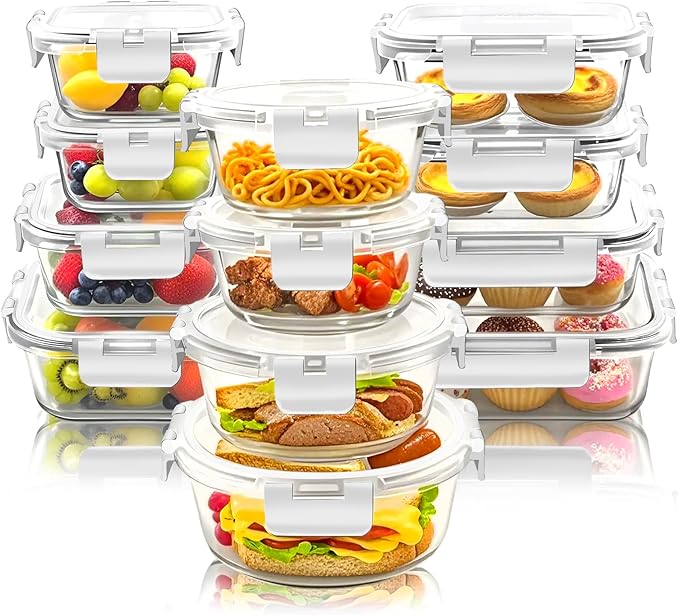 12 Pack Glass Food Storage Container Set with Lids Airtight Leakproof, Stackable Meal Prep & Leftover & Lunch Containers for Microwave, Oven, Freezer and Dishwasher (White)