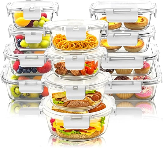 12 Pack Glass Food Storage Container Set with Lids Airtight Leakproof, Stackable Meal Prep & Leftover & Lunch Containers for Microwave, Oven, Freezer and Dishwasher (White)