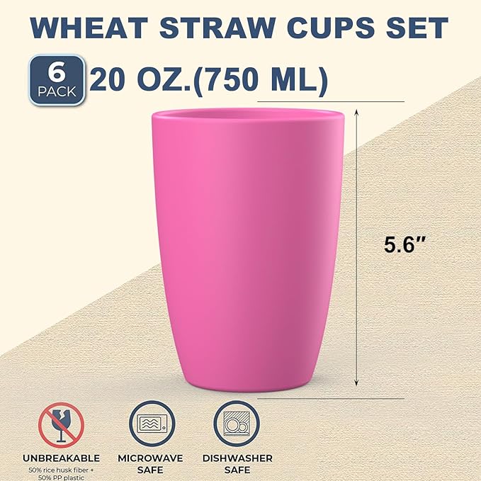 Wrova unbreakable wheat straw cups 20oz set of 6 with textured pattern anti slipping,big plastic drinkings cups microwave safe and dishwahser safe